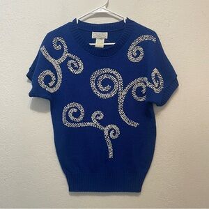 Leslie Fay Petites Vintage Blue and White Beaded Swirl Short Sleeve Sweater 10P